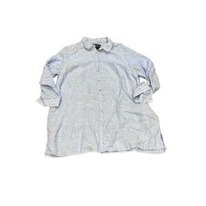 Tahari Shirt Womens 1XLight Blue 100% Linen Button Front Tunic Roll Tab Casual
